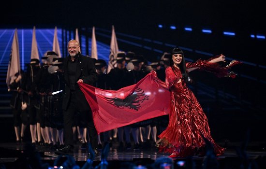 Shkodra Elektronike reacts after the Eurovision 2025 fi...